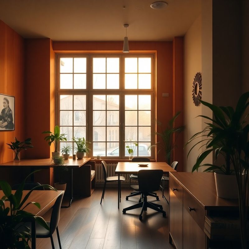 Interior editorial al unui birou de co-working din Iași cu suprafețe de lemn cald