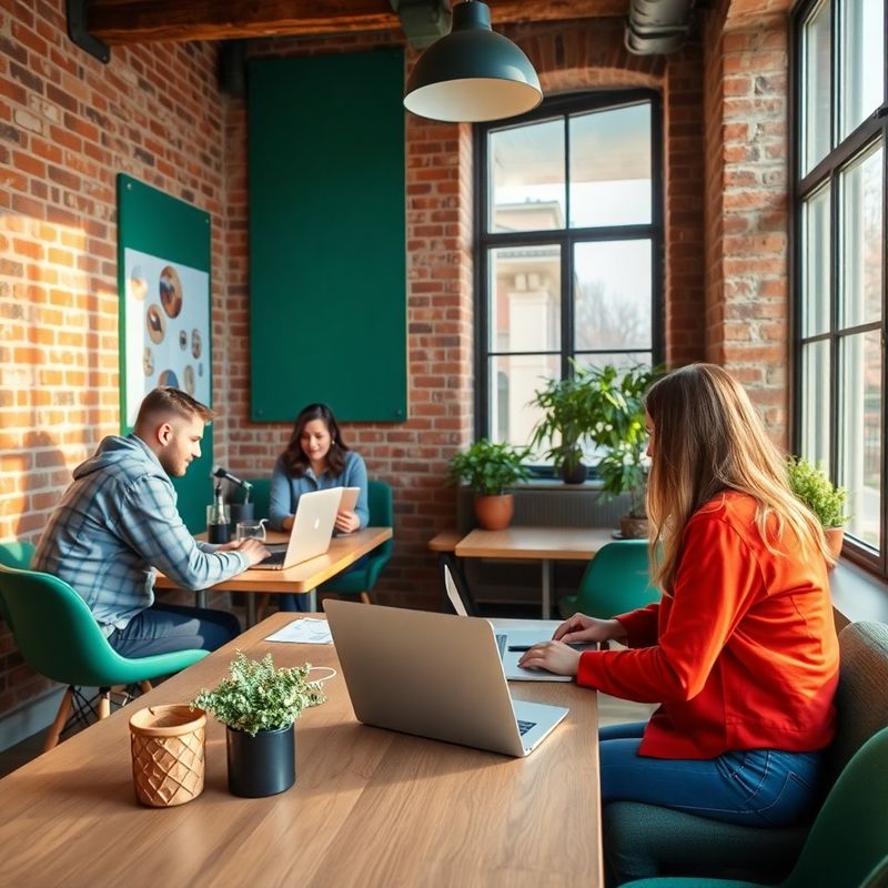 Echipă mică de jurnaliști lucrând într-un spațiu de co-working cu pereți de cărămidă
