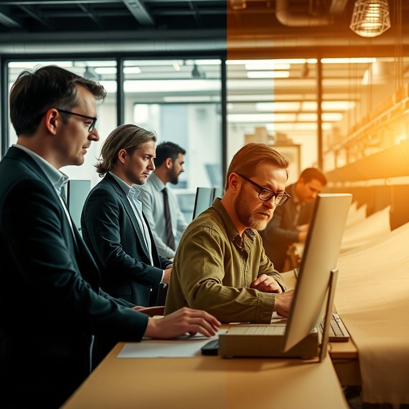 Compoziție dublă cu profesioniști IT într-un birou modern și lucrători din industria textilă